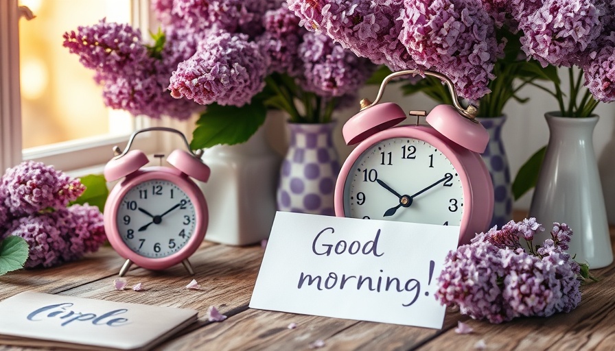 Charming scene with lilacs, pink clock, and 'Good morning!' note on table.