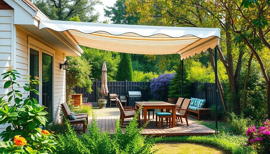 Peaceful backyard with a white residential awning and garden.