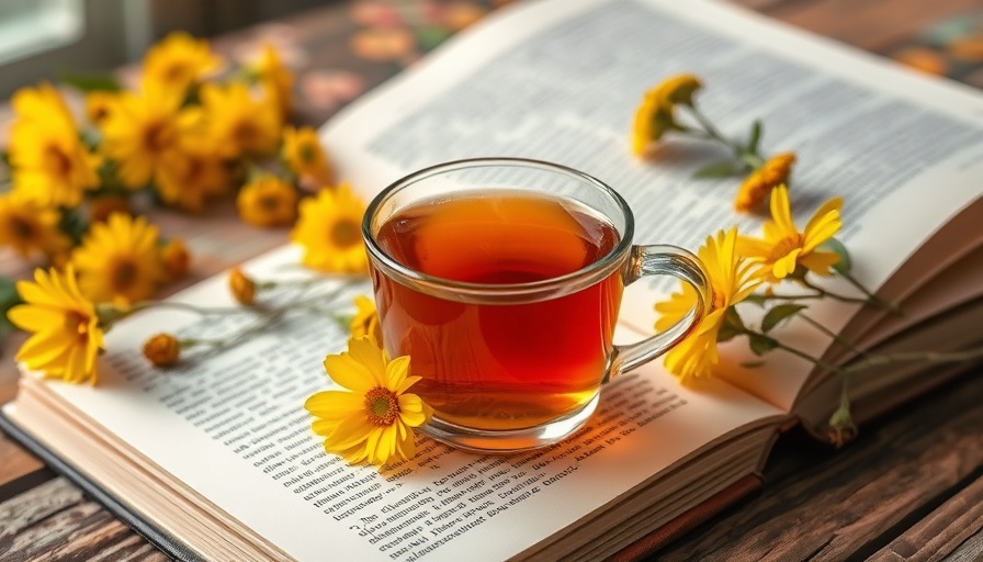 Charming herbal tea scene with flowers and book, highlighting health benefits.