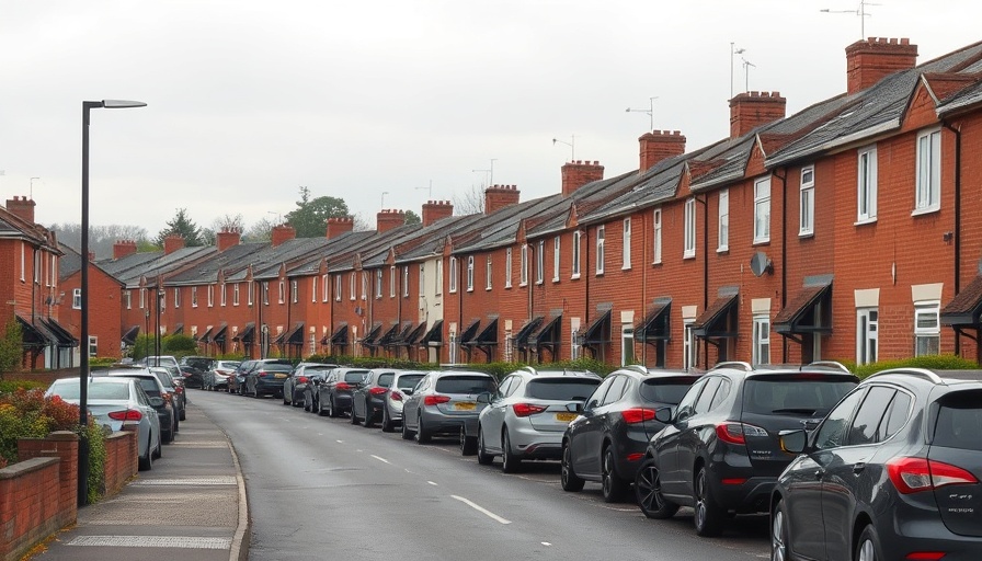 Leicestershire street with terraced houses and parked cars under clouds.
