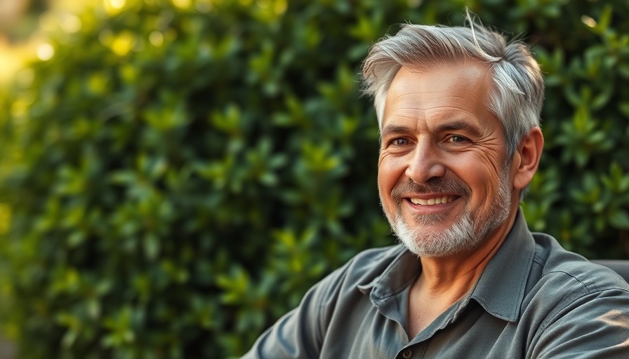 Mature man smiling outdoors with lush greenery background, related to p16 gene familial melanoma diagnosis.