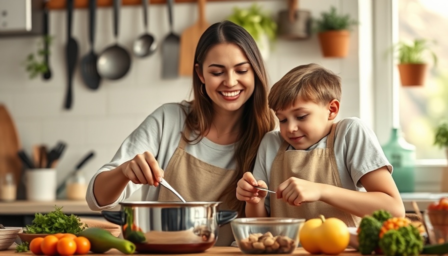 Mother and son cooking together, showcasing protein hacks for family meals, in a cozy kitchen.