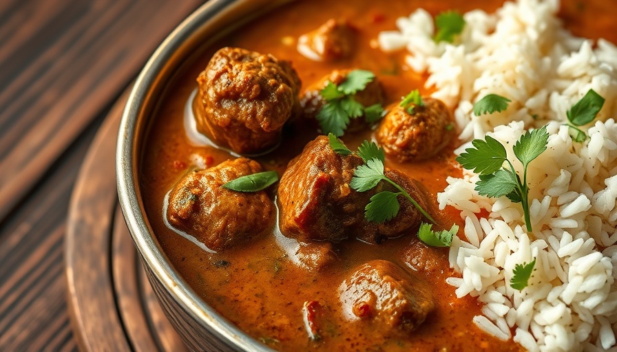 Lamb dhansak curry with rice, garnished with cilantro, on a wooden table.