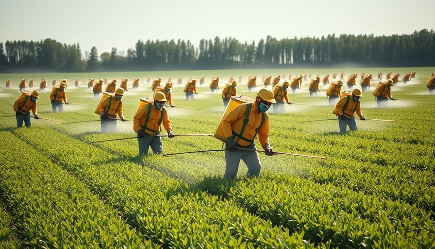 Agricultural workers in yellow suits spraying herbicide in a green field.