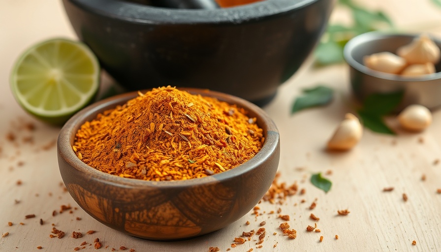 Dhansak masala in wooden bowl with lime and mortar behind.