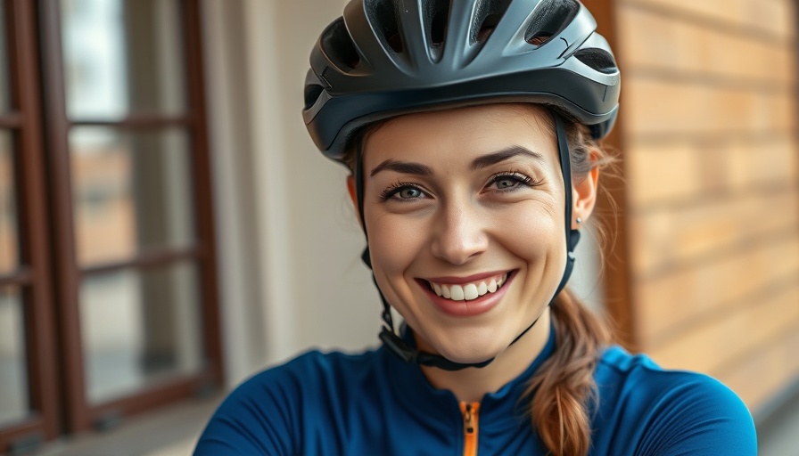 Woman cyclist smiling, promoting 125-mile cycle for cancer awareness.