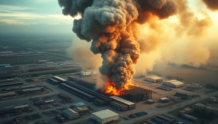 Aerial view of Leicester recycling centre fire with smoke and flames.