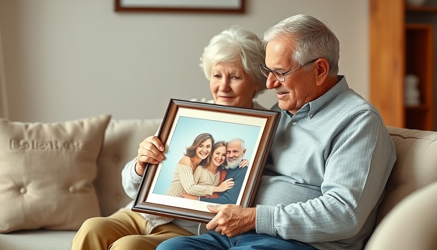 Older couple supports each other holding a family photo in a cozy room.