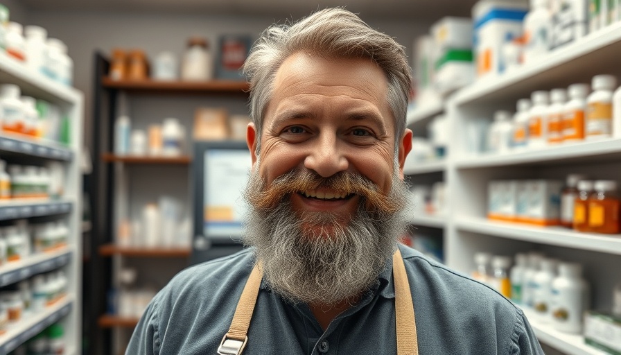 Friendly pharmacist in community pharmacy, amid NHS funding cuts.