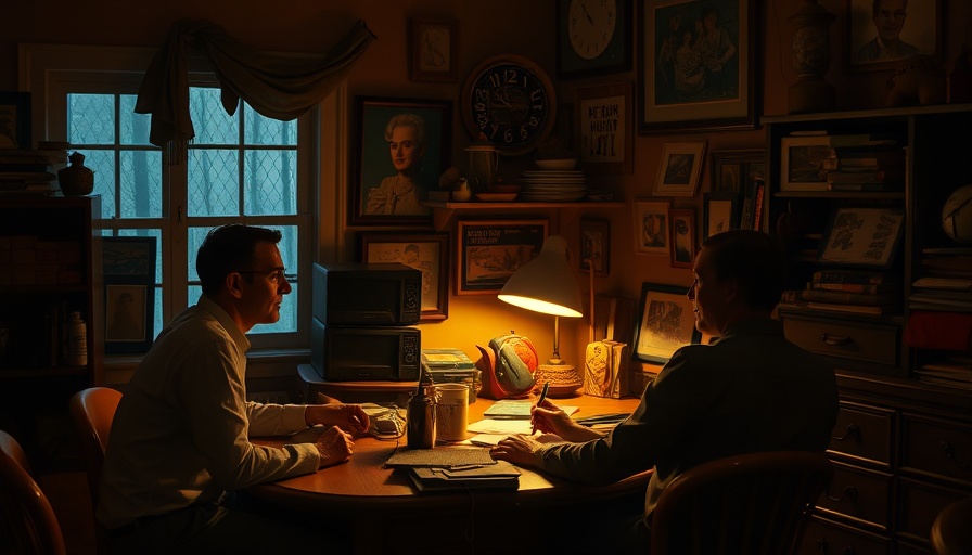 Dimly lit room with man and woman at desk, warm ambiance.