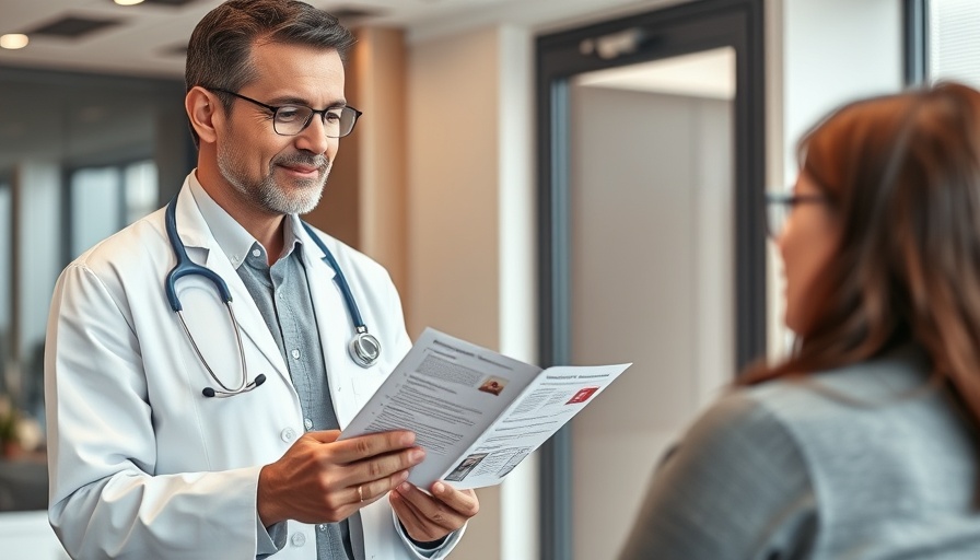 Medical professional discusses therapy brochure in clinic setting.