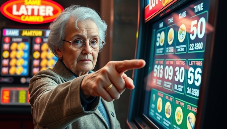 Elderly woman interacting with lottery kiosk displaying draw games.
