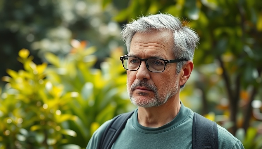 Pensive teacher in a garden setting.