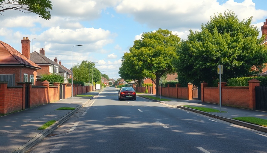 Suburban road scene in Ashby-de-la-Zouch with car and trees.