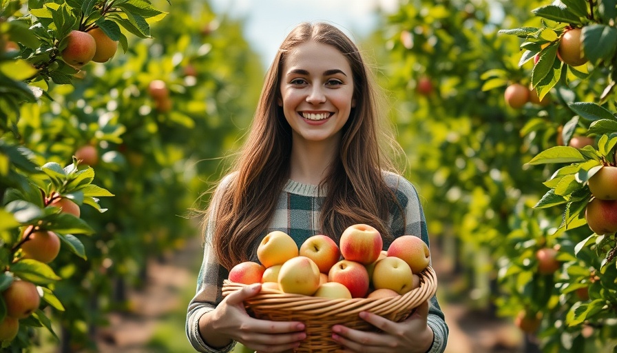 Smiling woman apple picking in a Colorado orchard.