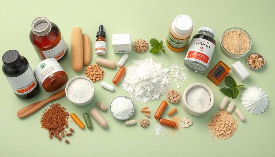Various supplements on a green background for stress reduction and energy boost.