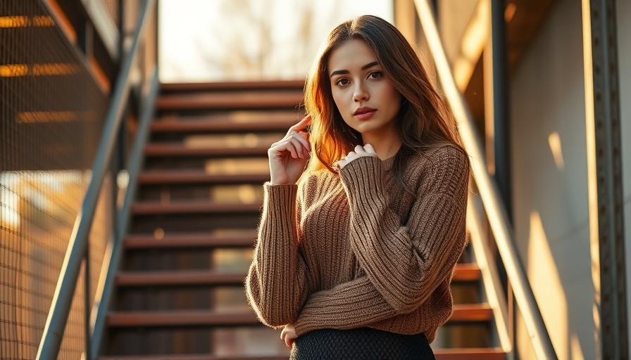 Young woman in trendy winter fashion with brown sweater and mesh skirt