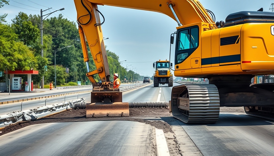 Excavator conducting emergency repairs on A5, worker nearby.