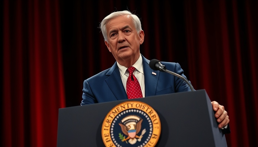 Elderly man delivers a speech at a podium with a presidential seal.