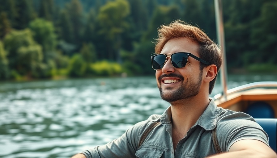 Man smiling with sunglasses on a boat, lush forest background.