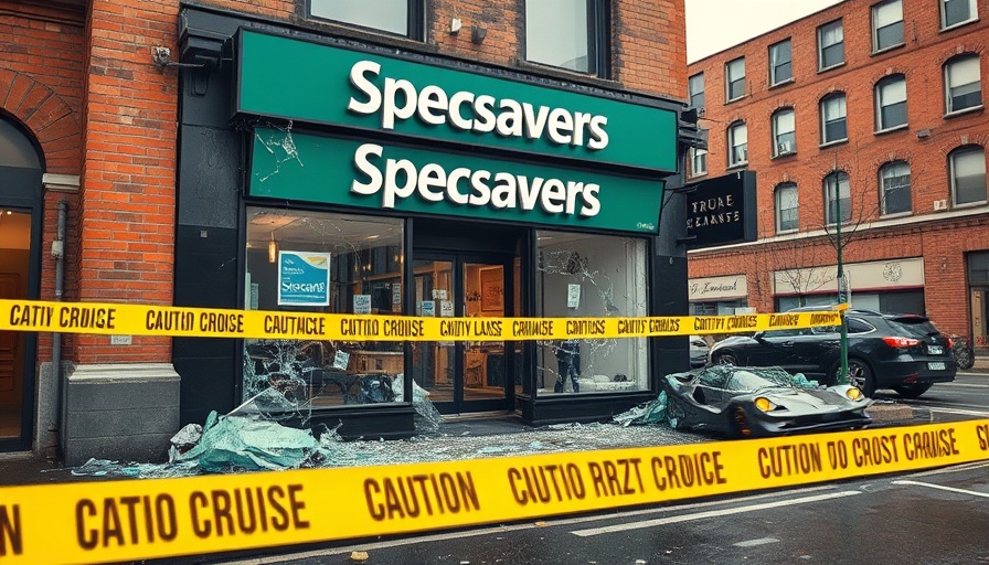 Car crashes into Specsavers storefront, broken glass and caution tape.