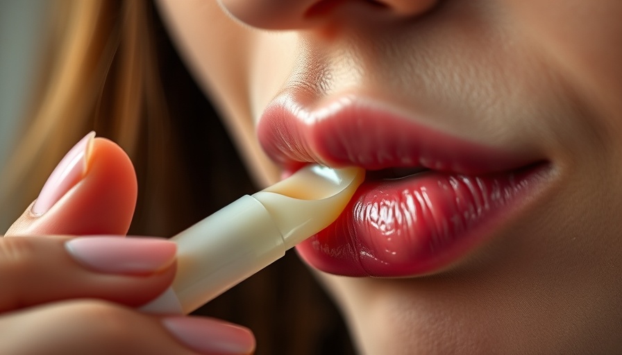 Close-up of person applying Horace lip balm, focus on lips.