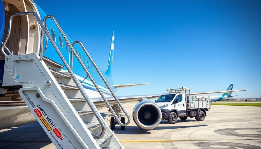Airplane stairway on tarmac, flight attendant safety.