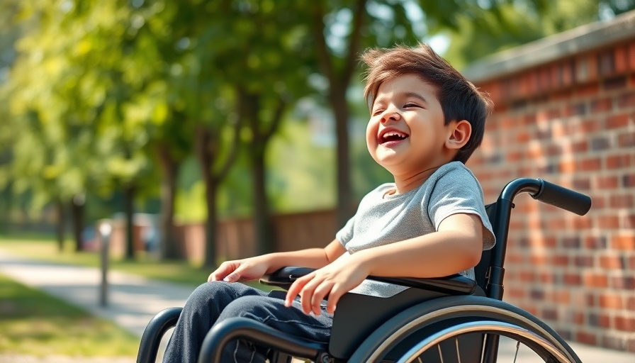 Child in wheelchair laughing in a park, addressing wheelchair shortages for disabled children UK.