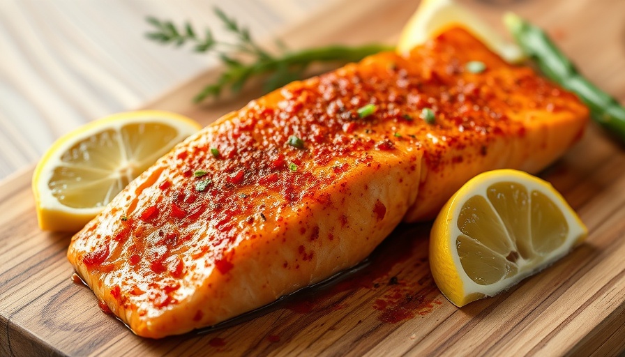 Harissa salmon recipe with lemon wedges on wooden board