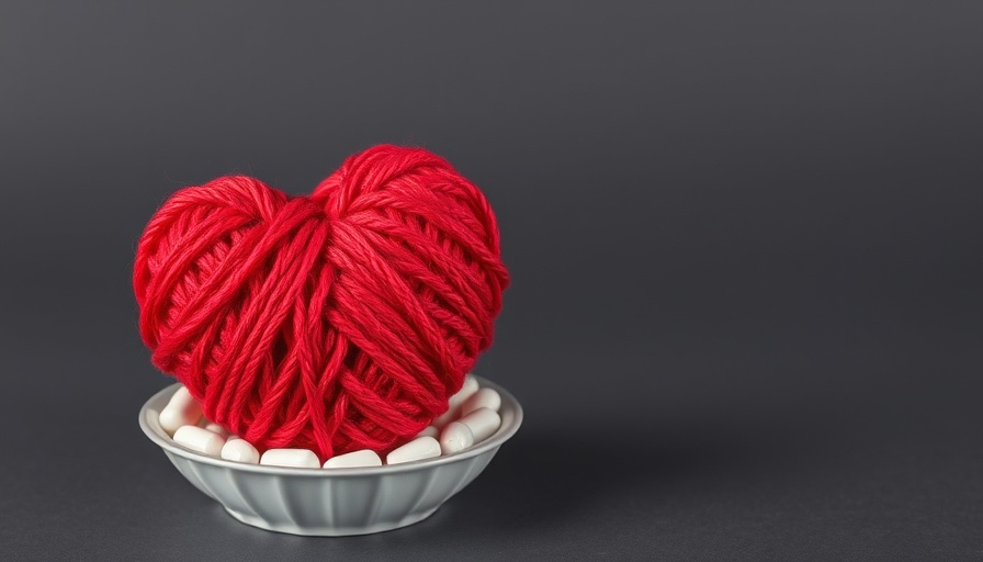 Red yarn heart on pills symbolizing beta blockers for heart attack.