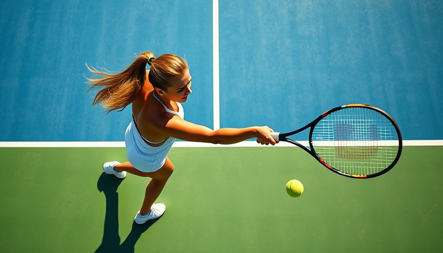 Tennis player poised to strike on a green-blue court, angled shot.