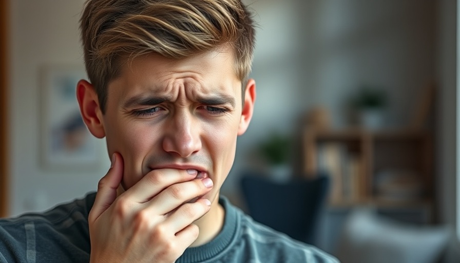 Man holding jaw in discomfort, teeth grinding treatment context.
