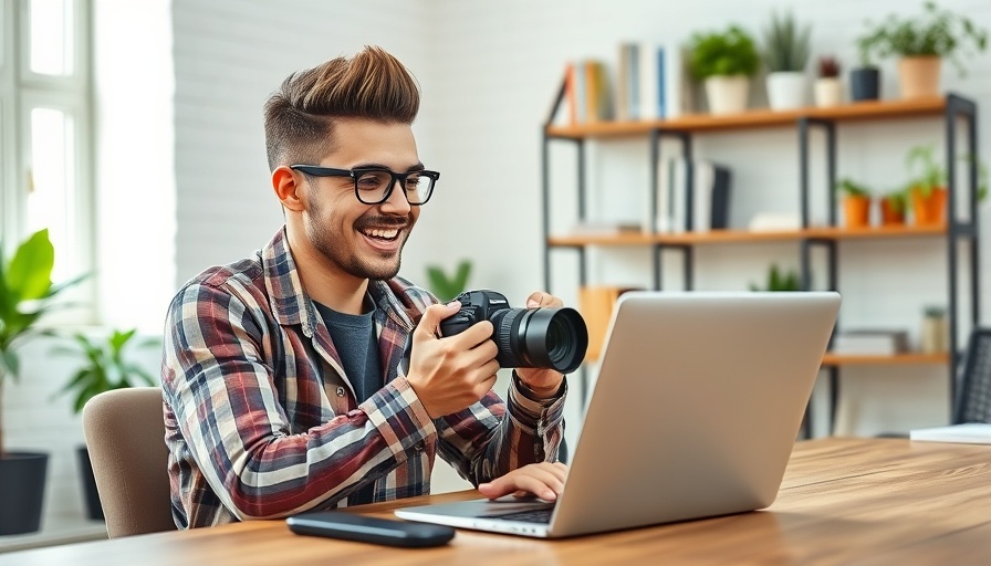 Smiling man editing photos with digital photo effects on laptop.