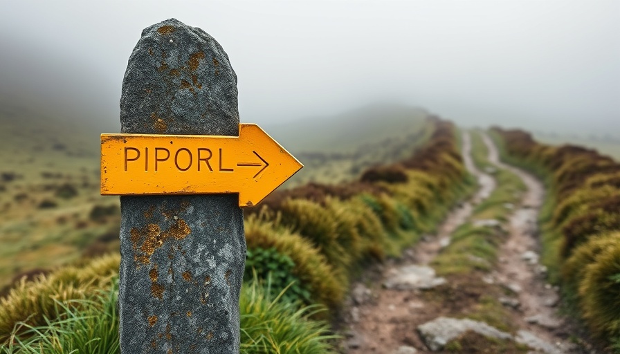 Camino de Santiago marker in misty countryside for beginners.