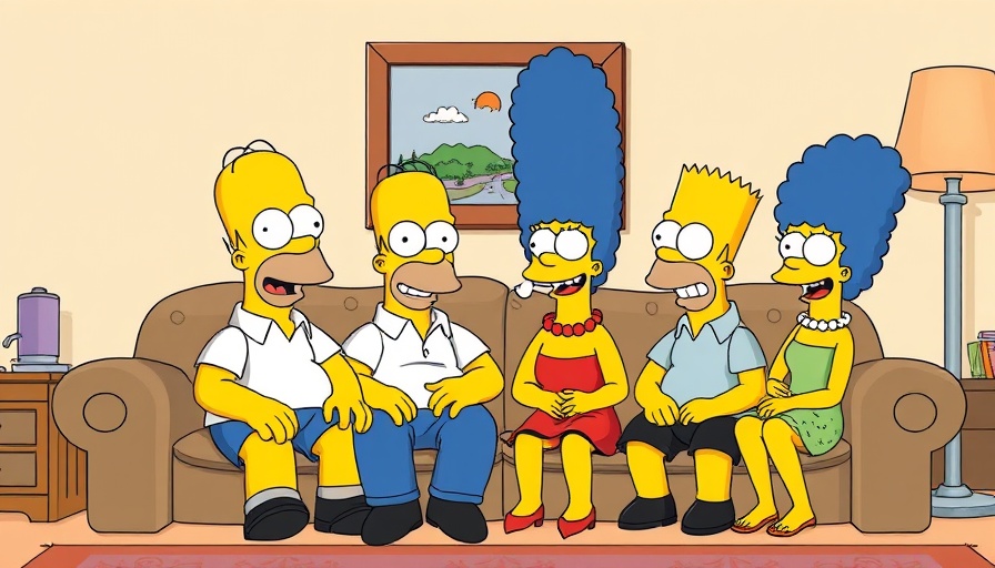 The Simpsons family sitting on their couch, cartoon style, vibrant scene.