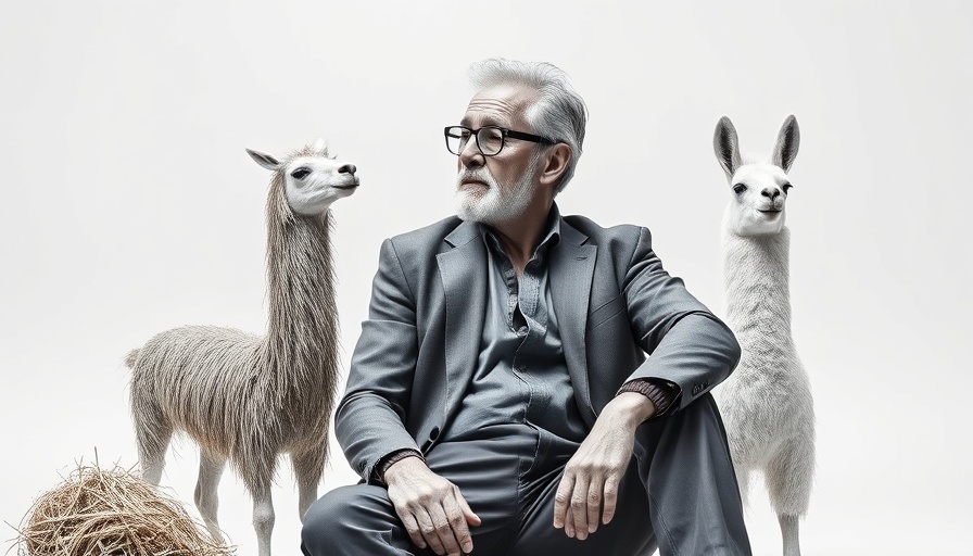 Willem Dafoe sitting with Laphroaig whisky, llama beside