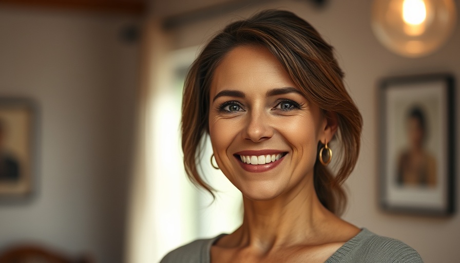 Portrait of a smiling woman with blonde hair, warm lighting.