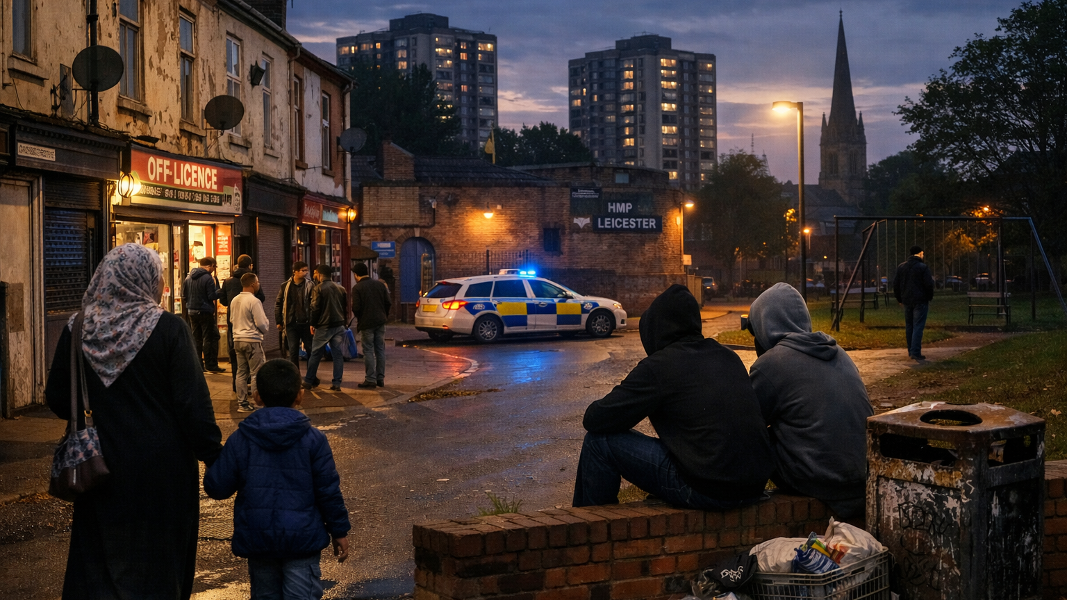 Evening view of Narborough Road in Leicester with shopfronts and streetlights, illustrating concerns about rough areas in Leicester after dark.