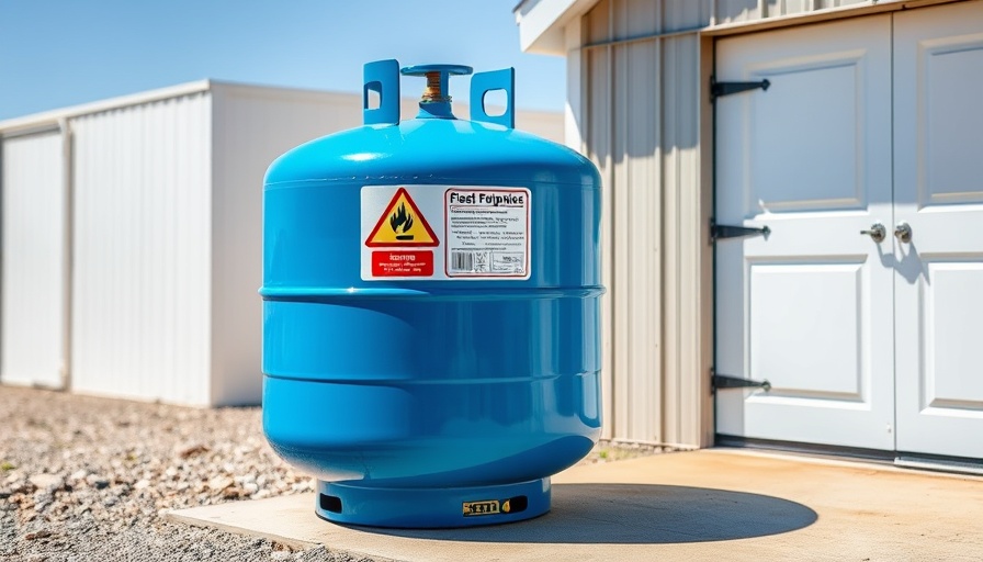 Propane tank beside a shed in winter garage storage setting.
