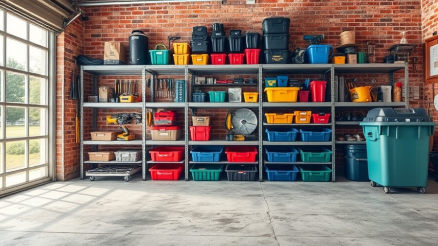 Organized garage shelves on uneven floors with tools and supplies.
