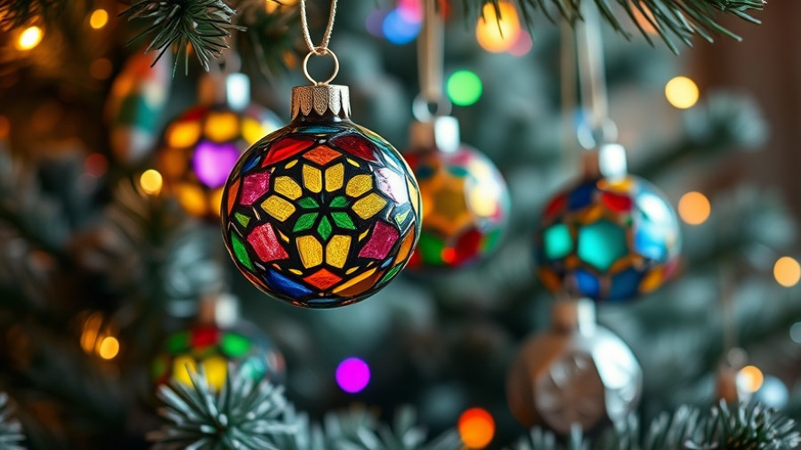 Vibrant stained glass ornaments on a frosted holiday tree, 12 Days of Holiday Tips.