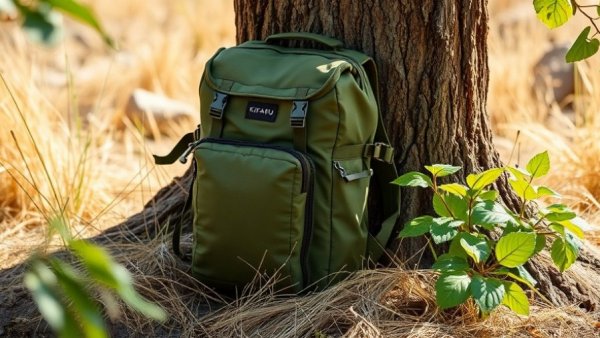 Kifaru Checkpoint Backpack against tree with green leaves