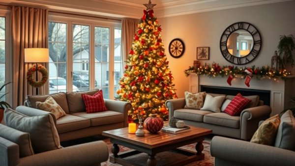 Cozy Christmas Decorating Ideas in a warmly lit living room.