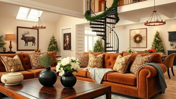 Elegant living room with festive decor and cozy sofa for meaningful hostess gifts.