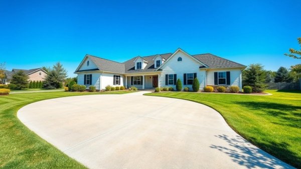 Suburban house with a well-maintained driveway and green lawn, signs to replace your driveway.