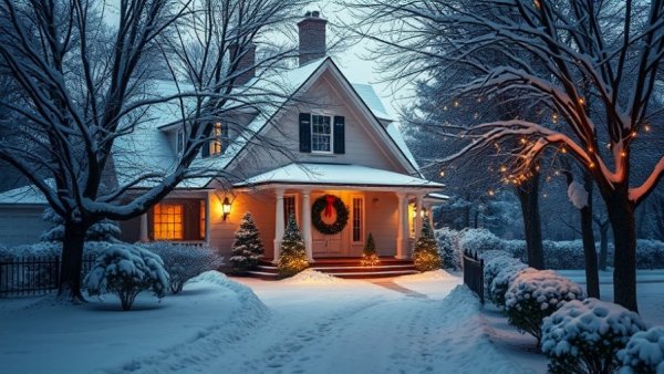 Charming winter house with festive lights and snow, ideal for thoughtful home gifts inspiration.