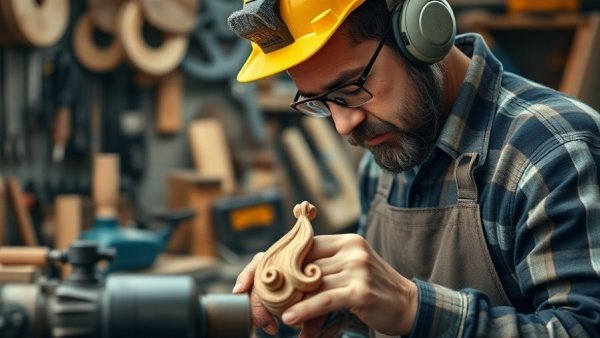 Craftsman turning wooden Christmas ornaments on lathe.