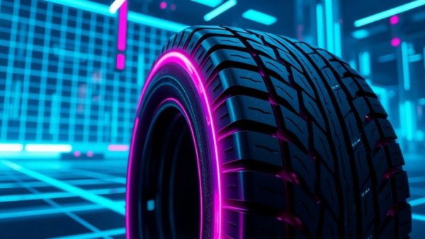 Futuristic tire in neon-lit cyber landscape showcasing Cyber Tires Technology.
