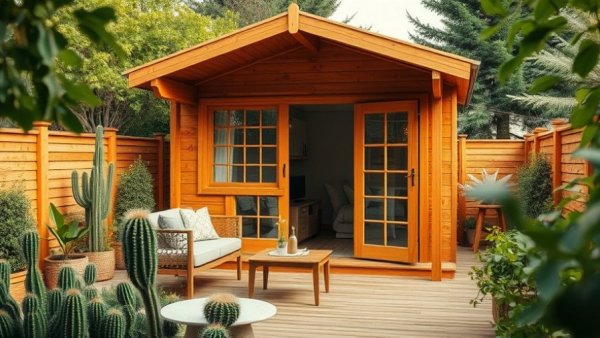 Modern garden shed kit in a serene outdoor setting.