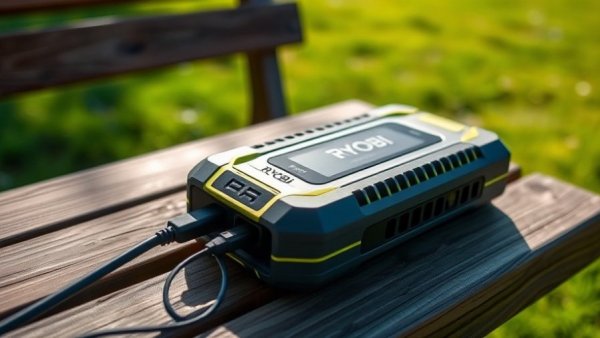 Ryobi USB Lithium Power Source charging in a park setting.